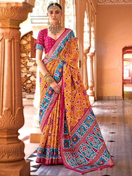 Mustard Yellow Woven Ikat patola Saree