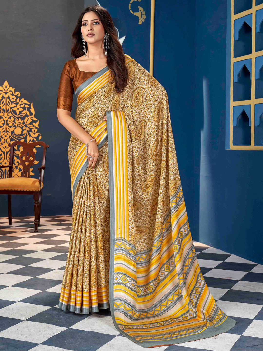 Mustard Yellow Dabu Pashmina Silk Saree