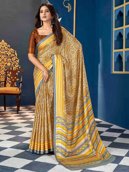 Mustard Yellow Dabu Pashmina Silk Saree