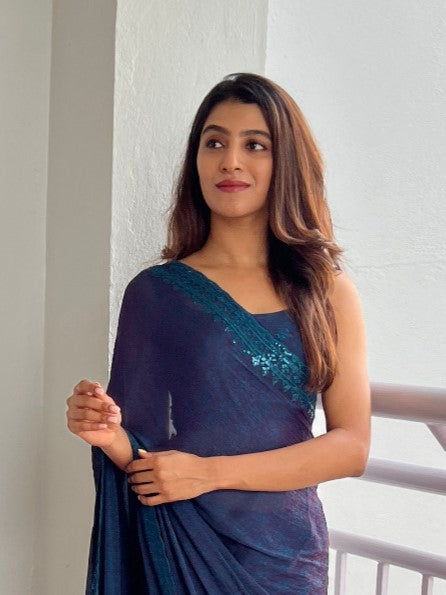 Navy Blue Nylon Sequin Embroidered Saree