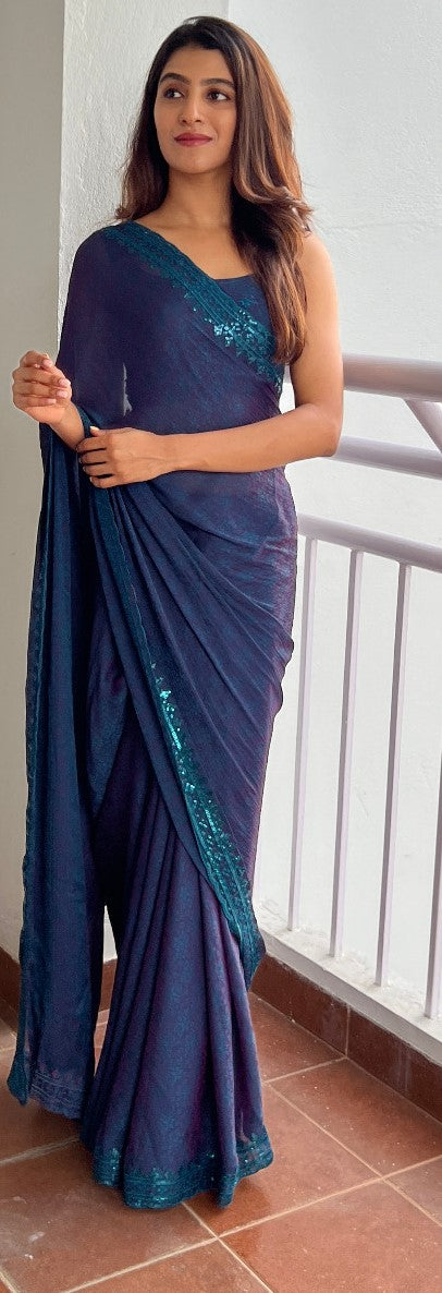 Navy Blue Nylon Sequin Embroidered Saree
