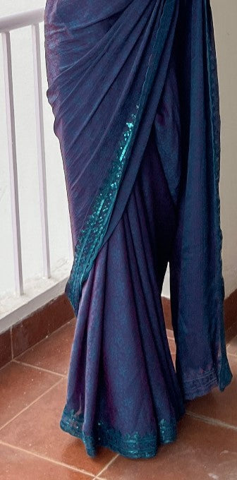 Navy Blue Nylon Sequin Embroidered Saree
