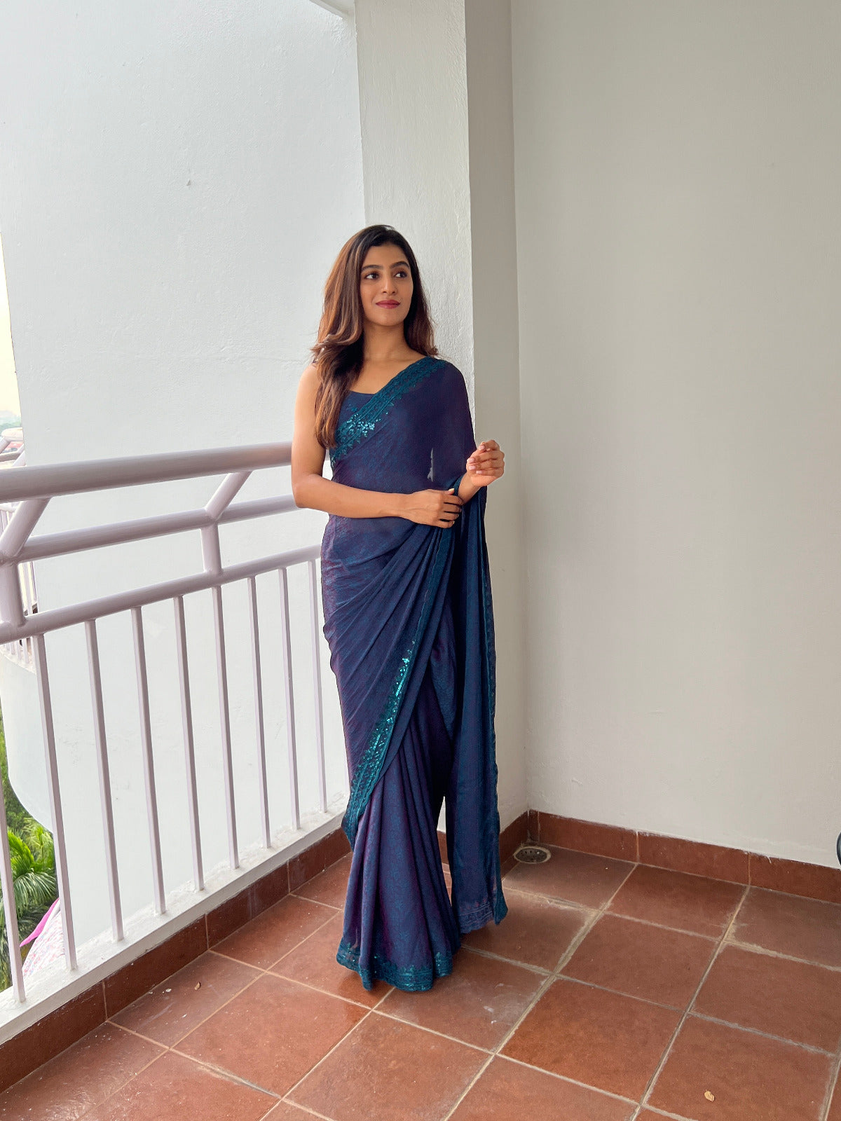 Navy Blue Nylon Sequin Embroidered Saree