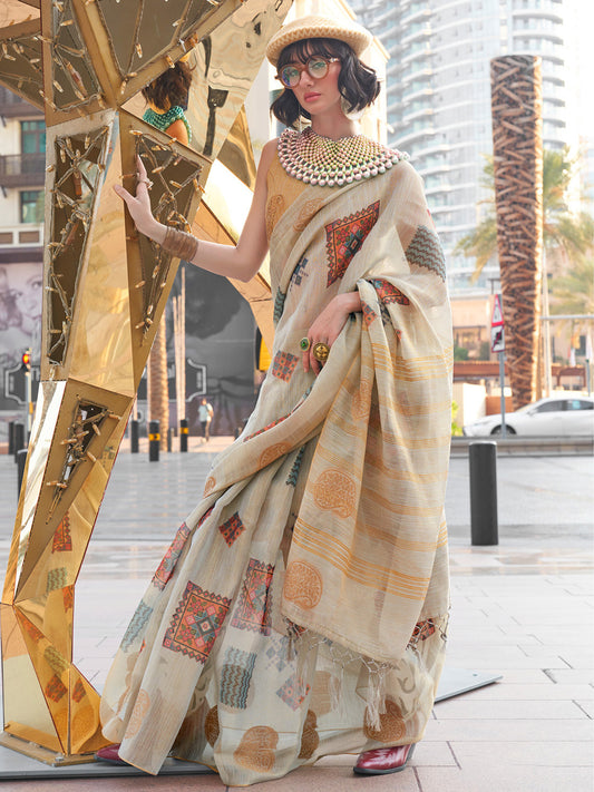 Oat Brown Woven Tissue Silk Saree