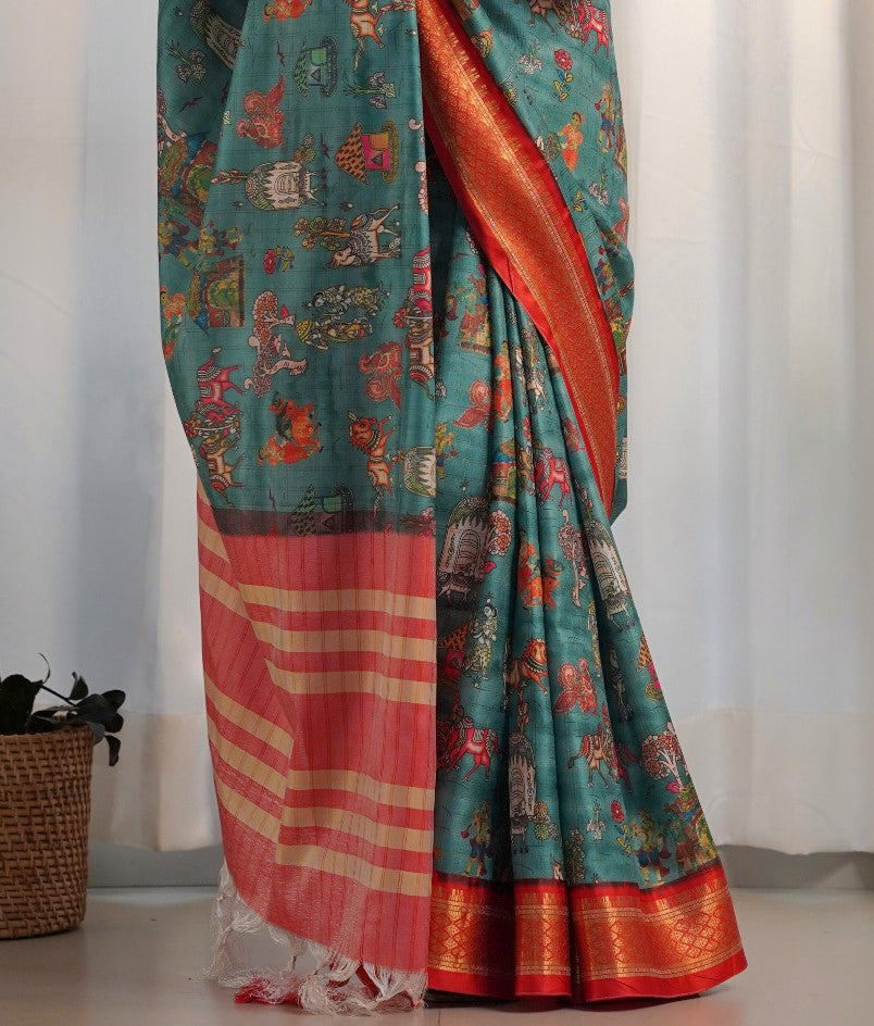 Ocean Blue Printed Silk Saree