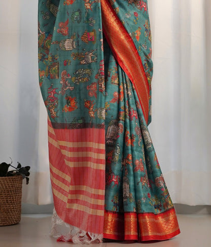 Ocean Blue Printed Silk Saree