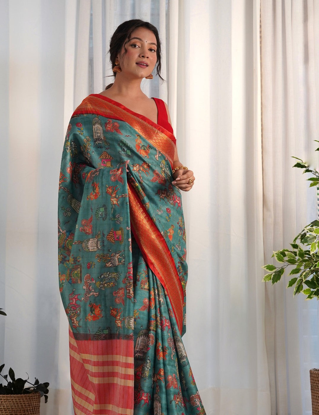 Ocean Blue Printed Silk Saree