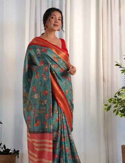 Ocean Blue Printed Silk Saree