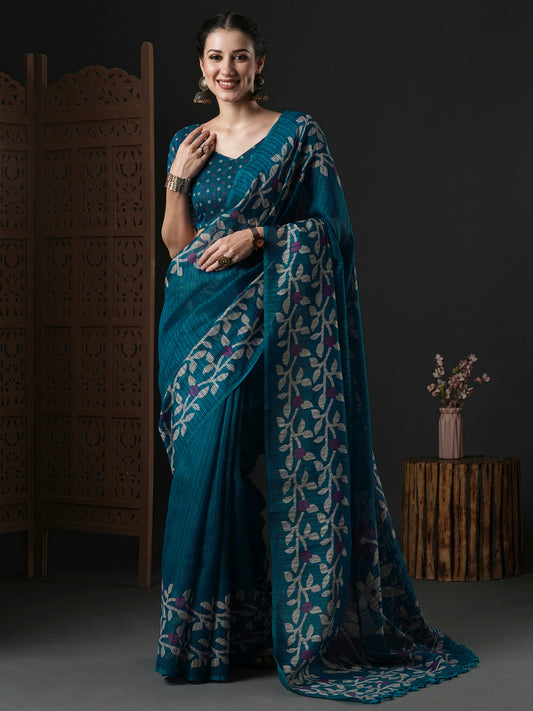Ocean Blue Printed cotton Saree