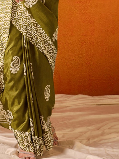 Olive Green Printed Bagru Cotton Saree