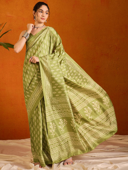 Olive Green Printed Bagh Cotton Saree