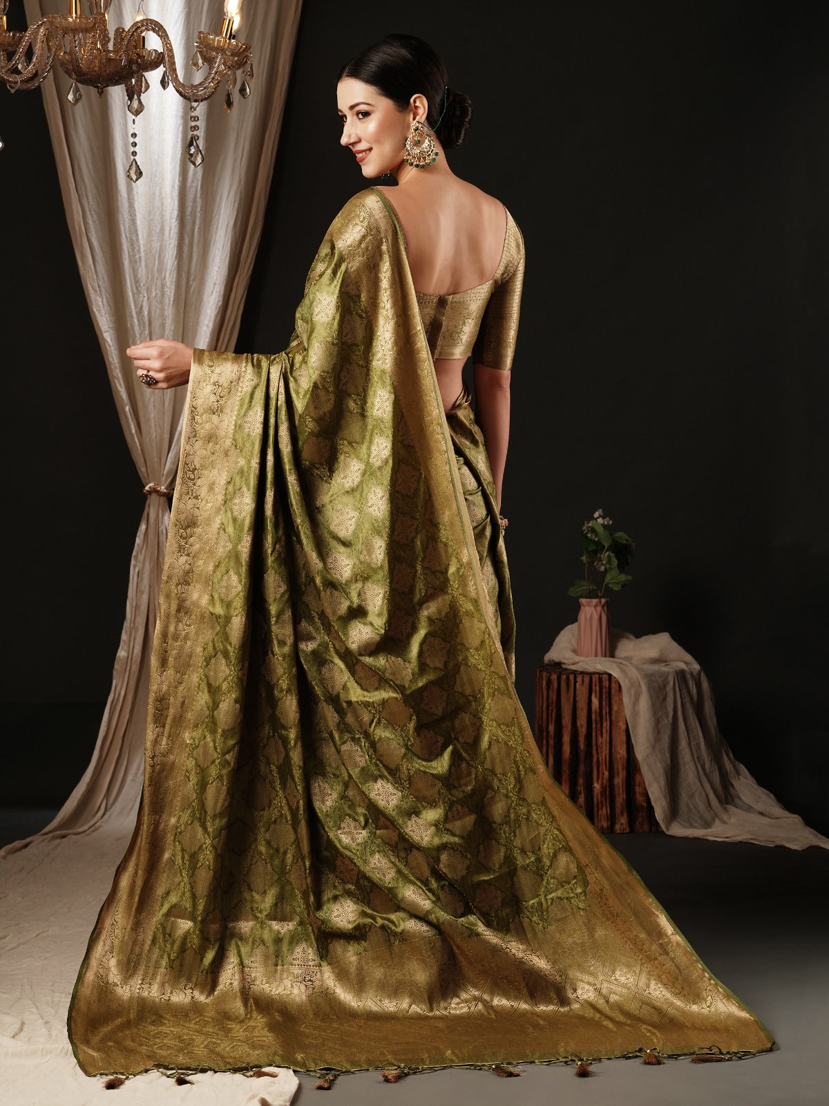 Olive Green Woven Banarasi Satin Silk Saree