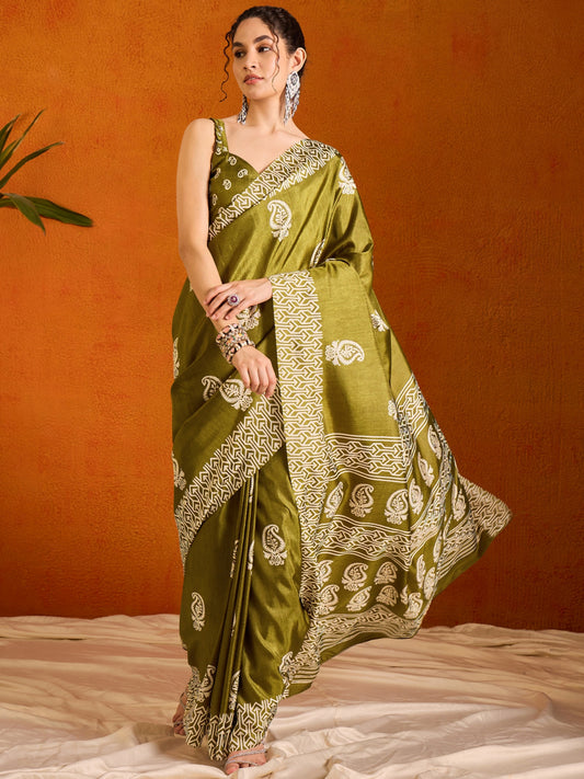 Olive Green Printed Bagru Cotton Saree