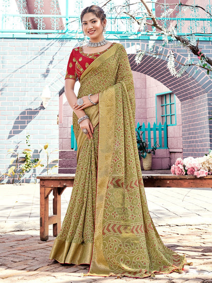 Olive Green Bandhani Georgette Saree