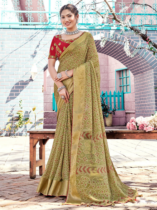 Olive Green Bandhani Georgette Saree