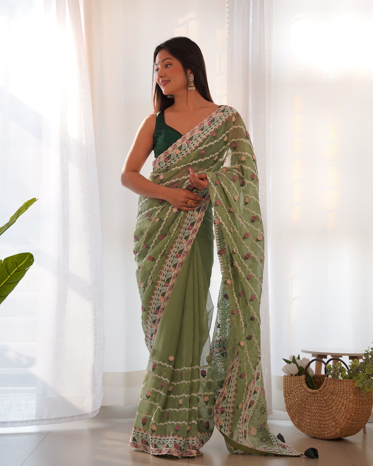 Olive Green Embroidered Net Saree