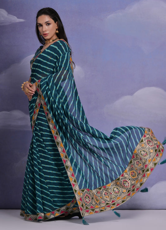 Olympic Blue Leheriya Georgette Saree