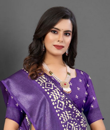 Orchid Violet Printed Dola Silk Saree