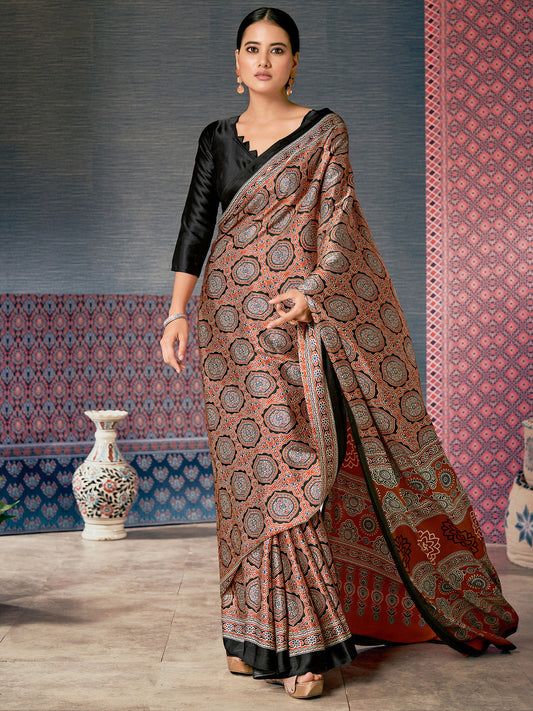 Orange & Black Ajrak Crepe Saree