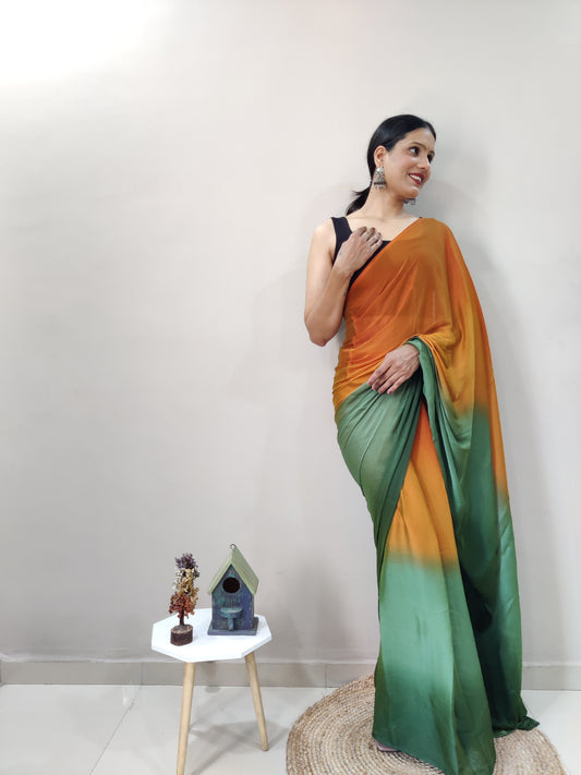 Orange & Green Printed Nylon Saree
