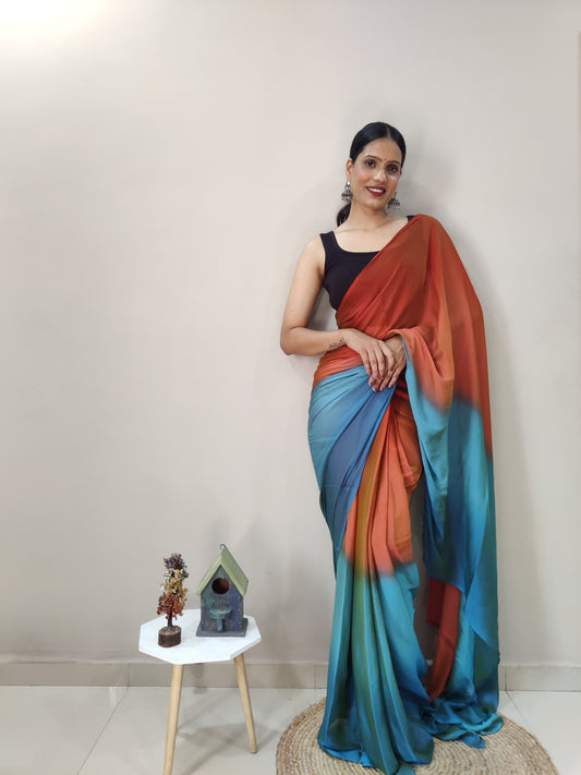 Orange & Sky Blue Printed Nylon Saree
