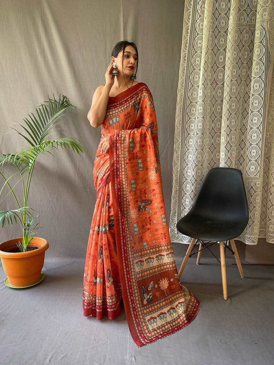 Papaya Orange Printed Cotton Linen Saree