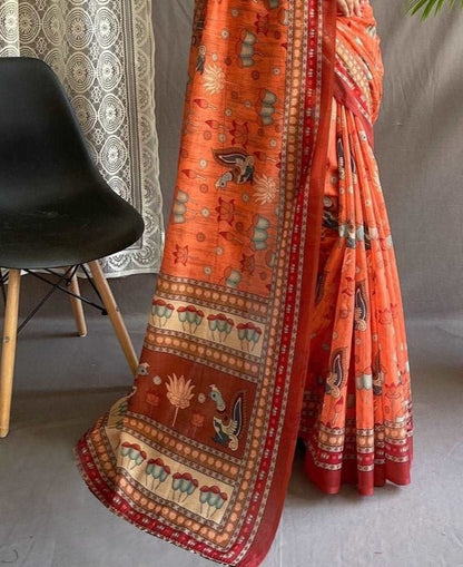 Papaya Orange Printed Cotton Linen Saree