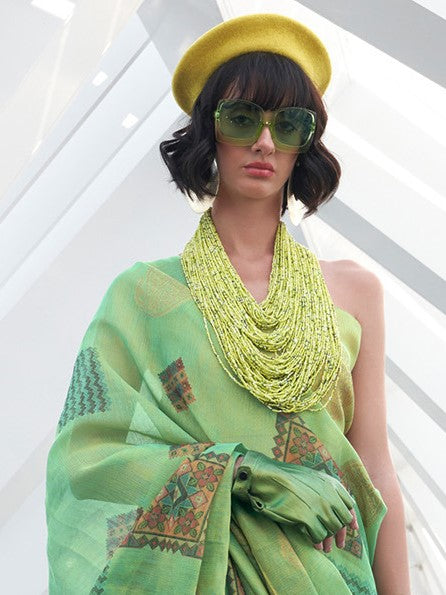 Parrot Green Woven Tissue Silk Saree