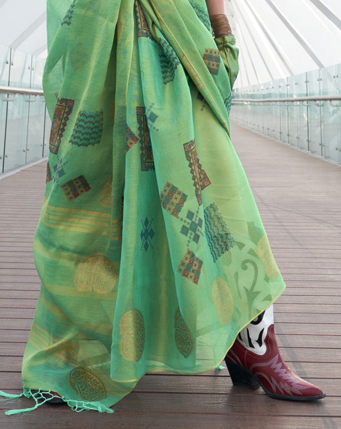 Parrot Green Woven Tissue Silk Saree