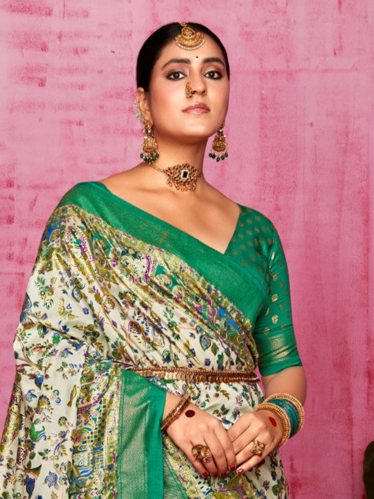 Parrot Green Tussar Silk Sungudi Saree