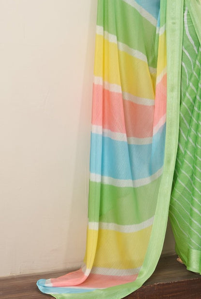 Parrot Green Printed Chiffon Leheriya Saree