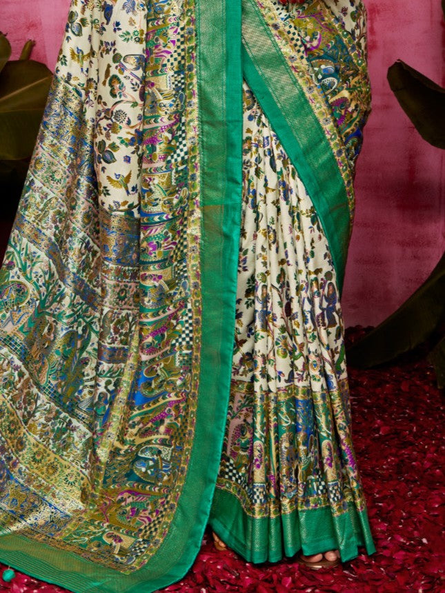 Parrot Green Tussar Silk Sungudi Saree