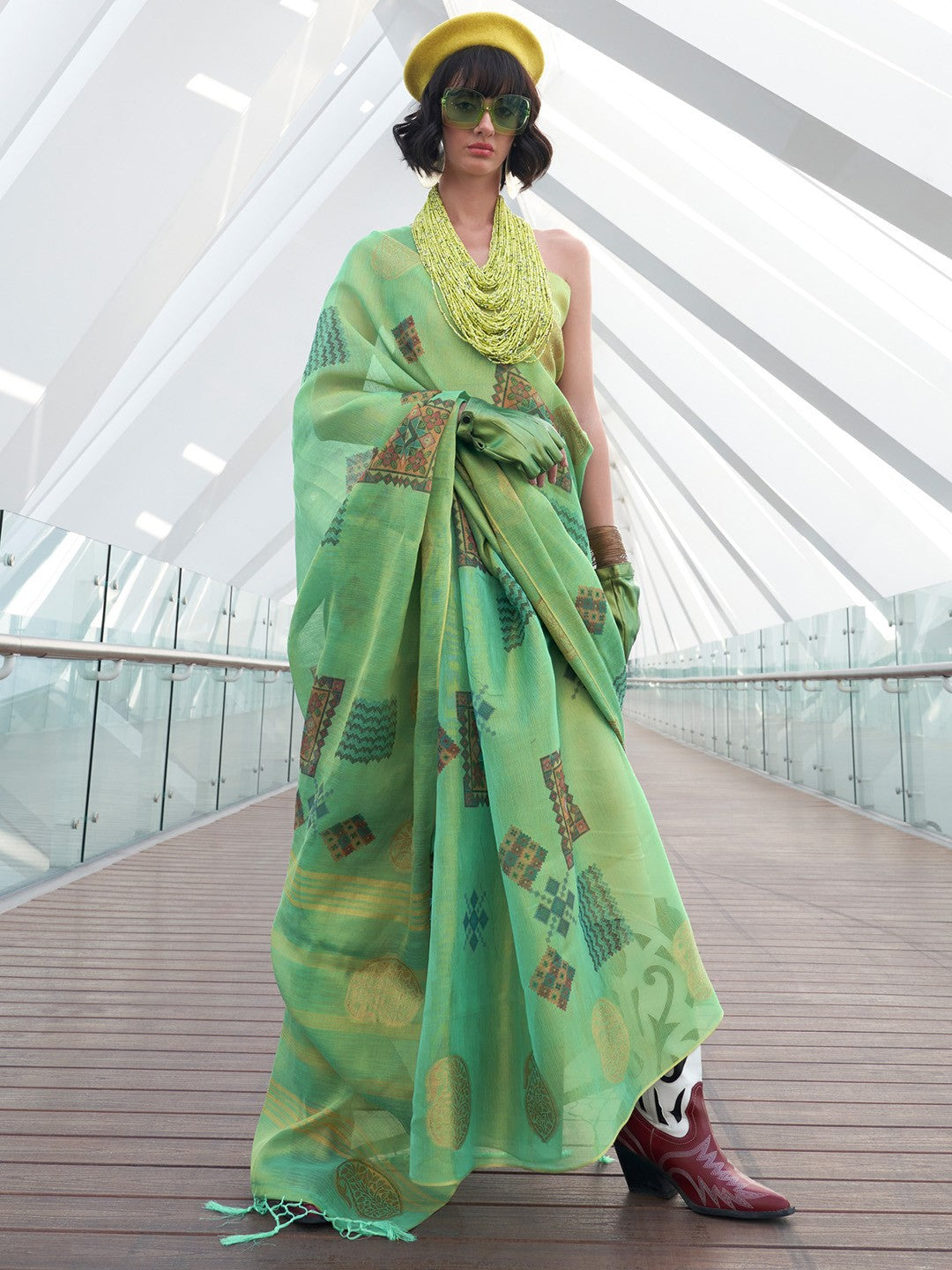 Parrot Green Woven Tissue Silk Saree