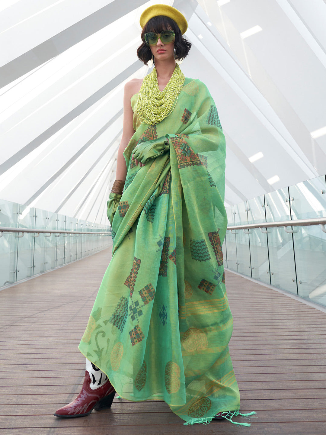 Parrot Green Woven Tissue Silk Saree