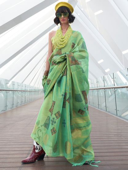 Parrot Green Woven Tissue Silk Saree