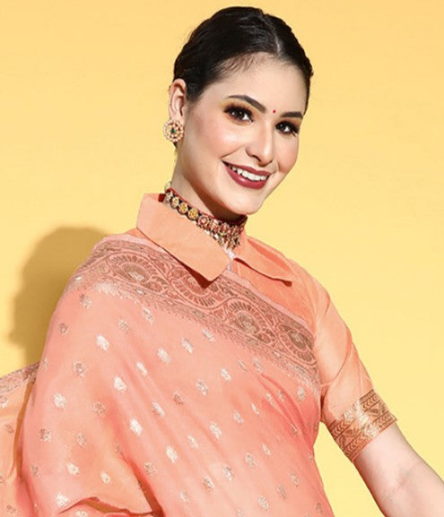 Peach Orange Woven Banarasi Saree
