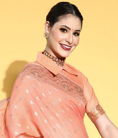 Peach Orange Woven Banarasi Saree