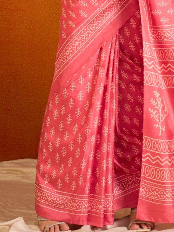 Peach Pink Printed Bagh Cotton Saree