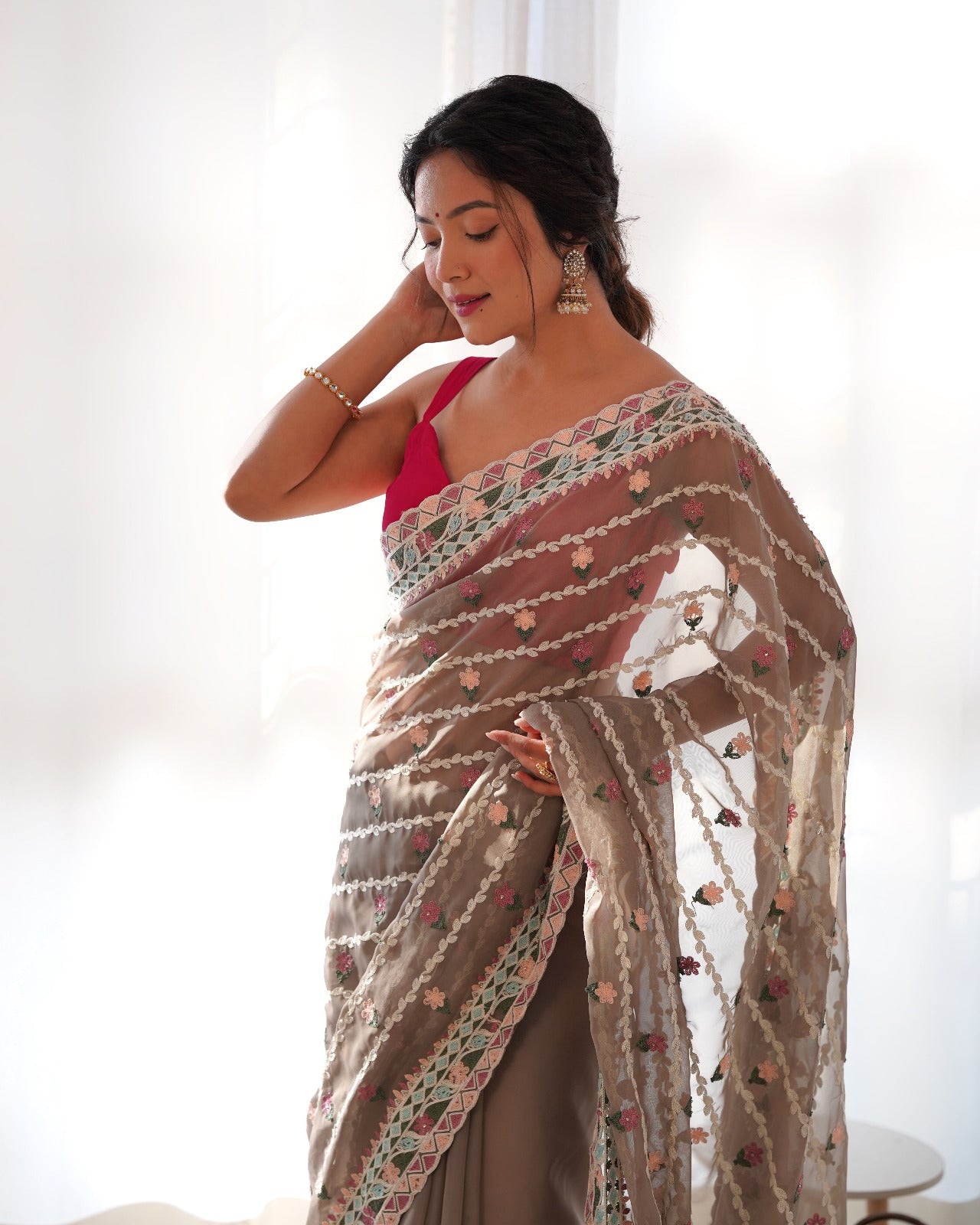 Peanut Brown Embroidered Net Saree