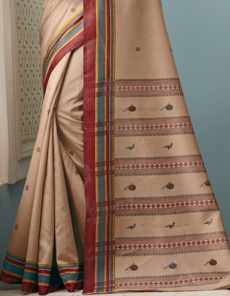 Peanut Brown Printed Bhagalpuri Silk Saree