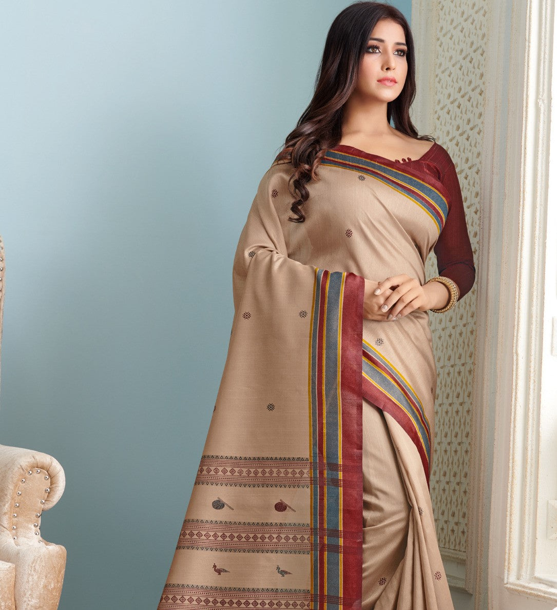 Peanut Brown Printed Bhagalpuri Silk Saree