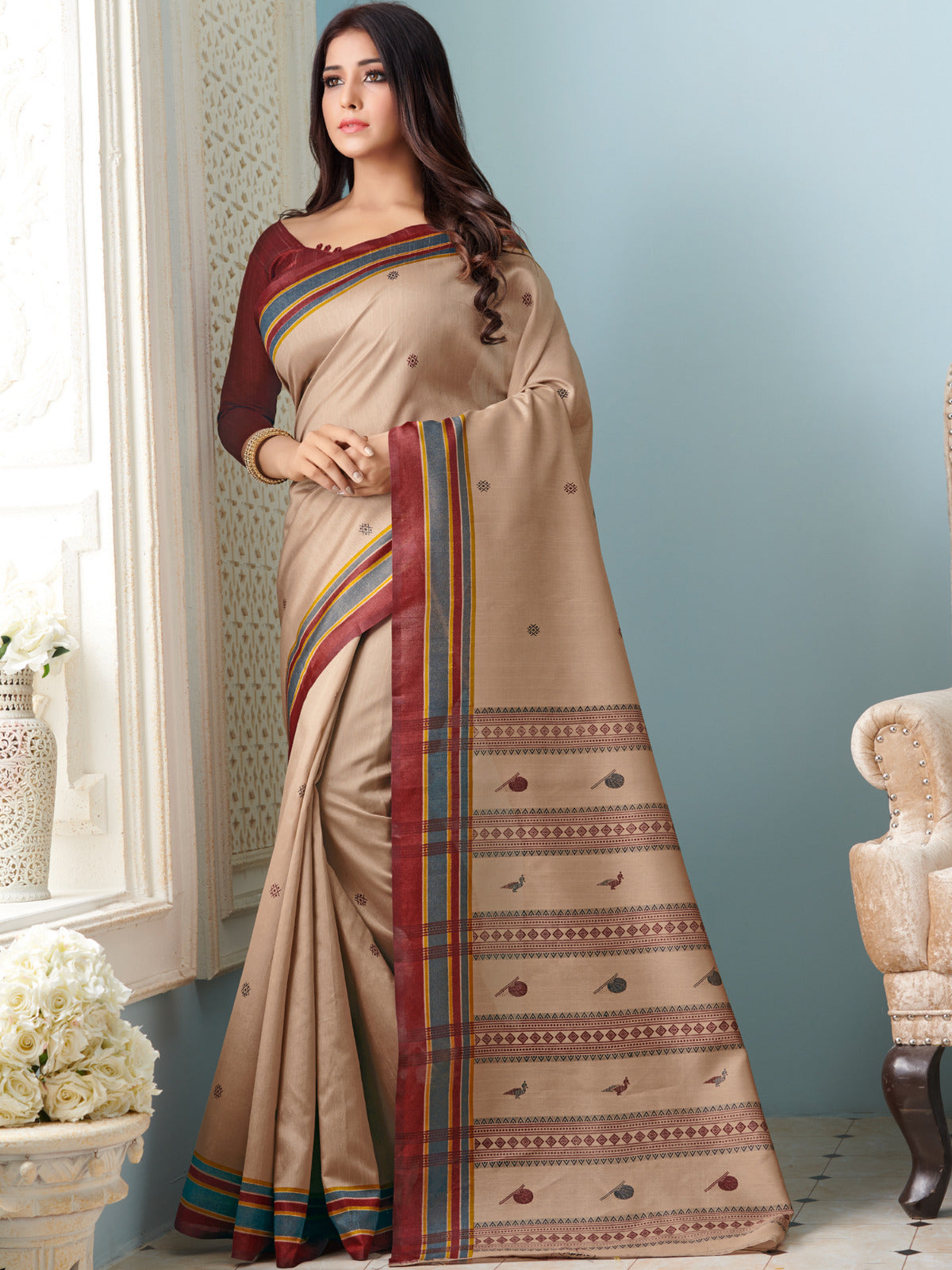 Peanut Brown Printed Bhagalpuri Silk Saree
