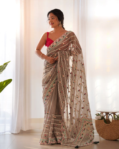 Peanut Brown Embroidered Net Saree