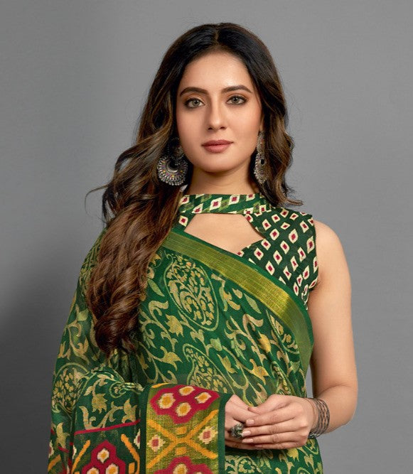 Pine Green Printed Sungudi Cotton Saree