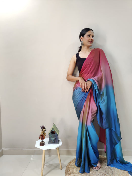 Pink & Blue Printed Nylon Saree
