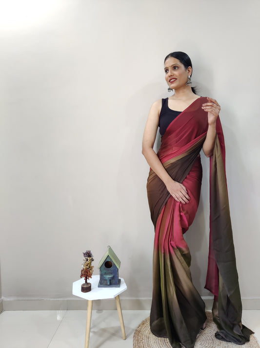 Pink & Brown Printed Nylon Saree