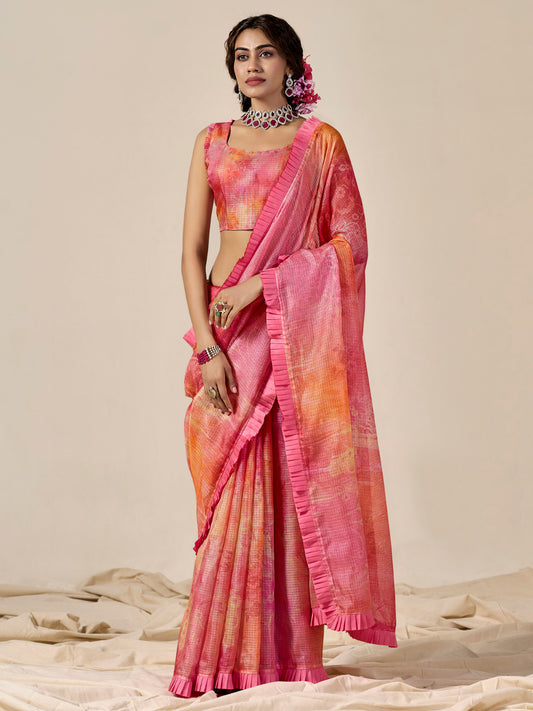 Pink & Orange Kota Cotton Saree