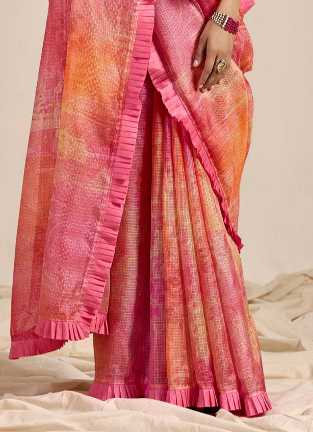 Pink & Orange Kota Cotton Saree
