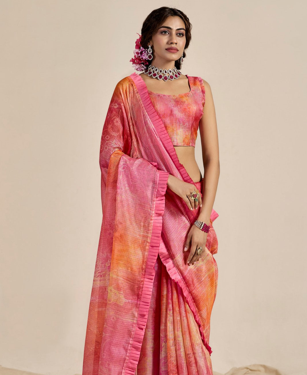 Pink & Orange Kota Cotton Saree