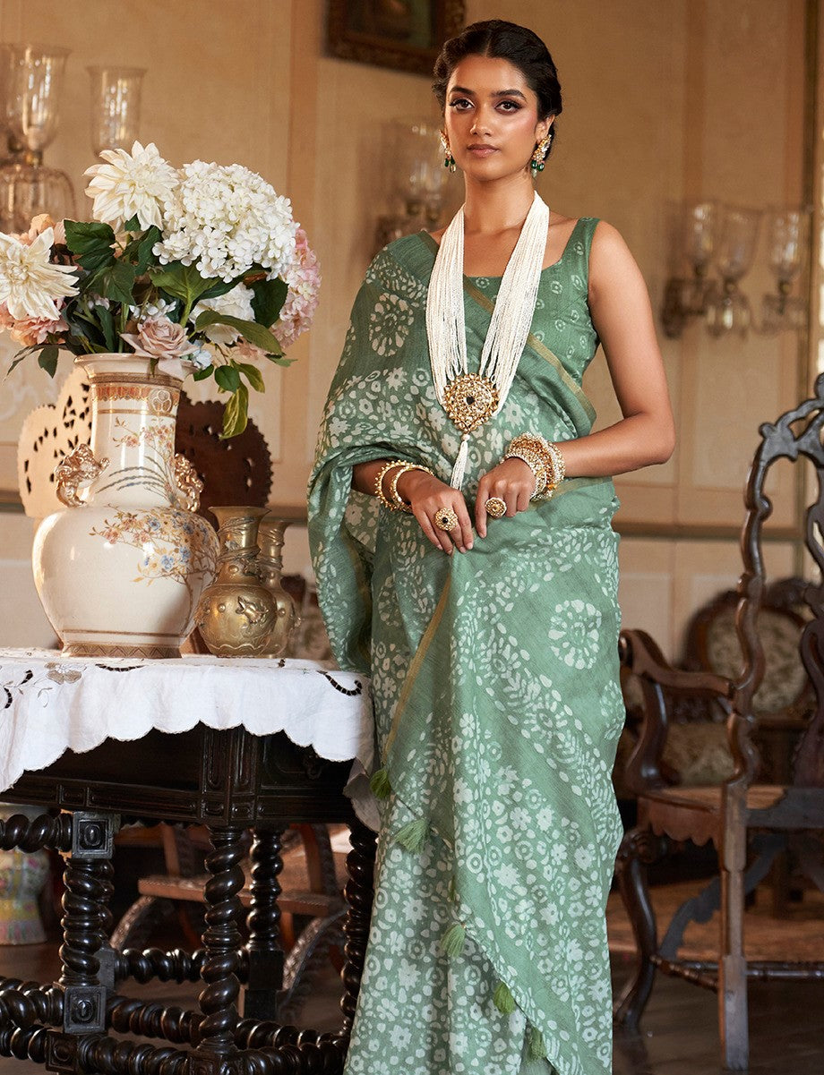 Pista Green Bagru Cotton Saree